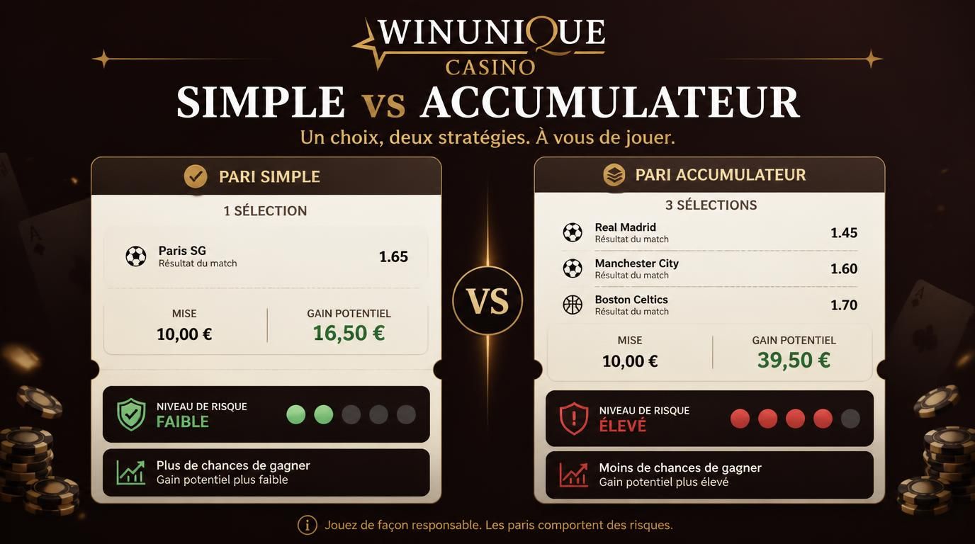 Comparatif entre pari simple et pari accumulateur avec différenciation des risques et gains.