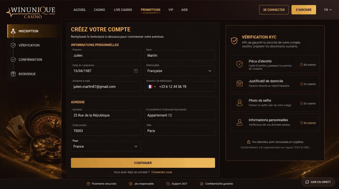 Formulaire d’inscription français avec vérification KYC clairement indiqué.