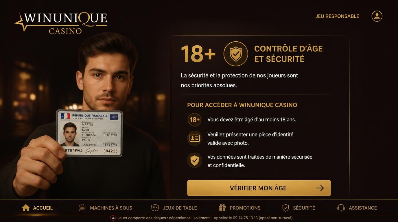 Vérification de l’âge légal 18+ avec pièce d’identité.