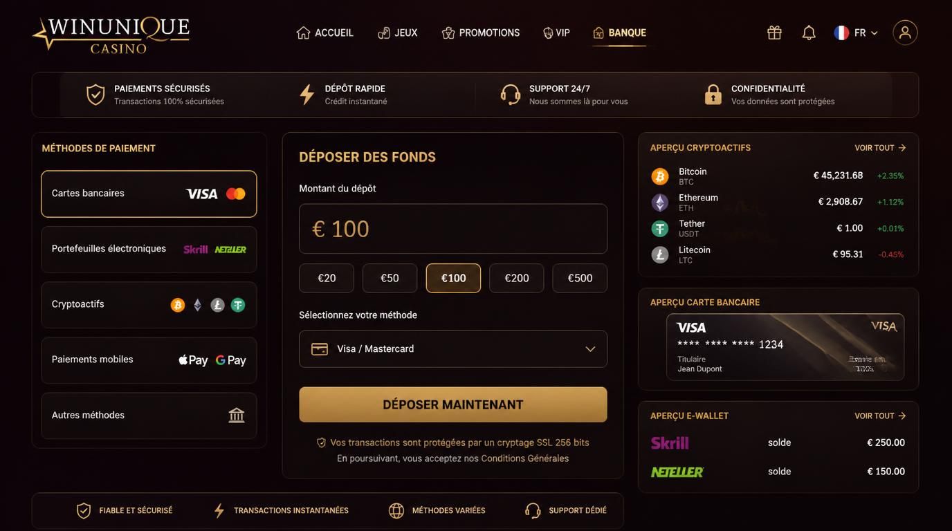 Interface de dépôt illustrant cartes, e-wallets et crypto en France.