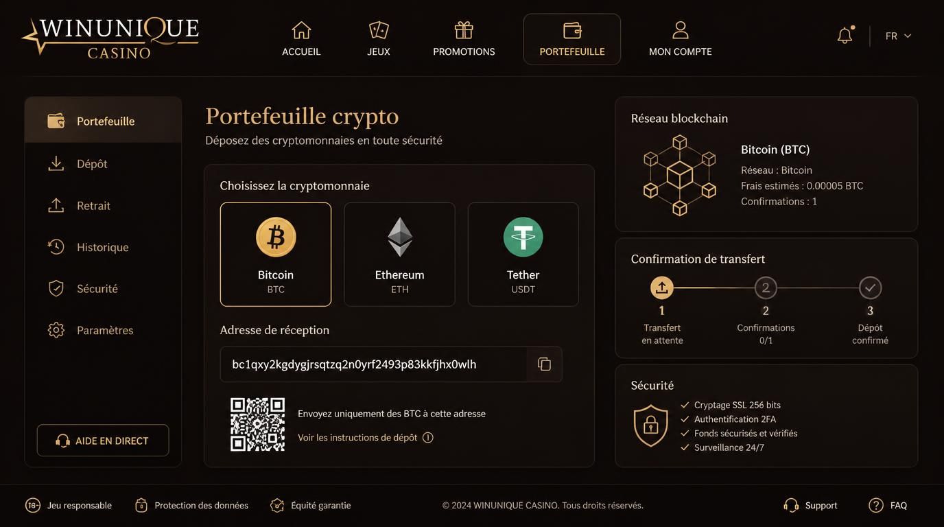 Dépôt crypto avec adresse, confirmations et sécurité.