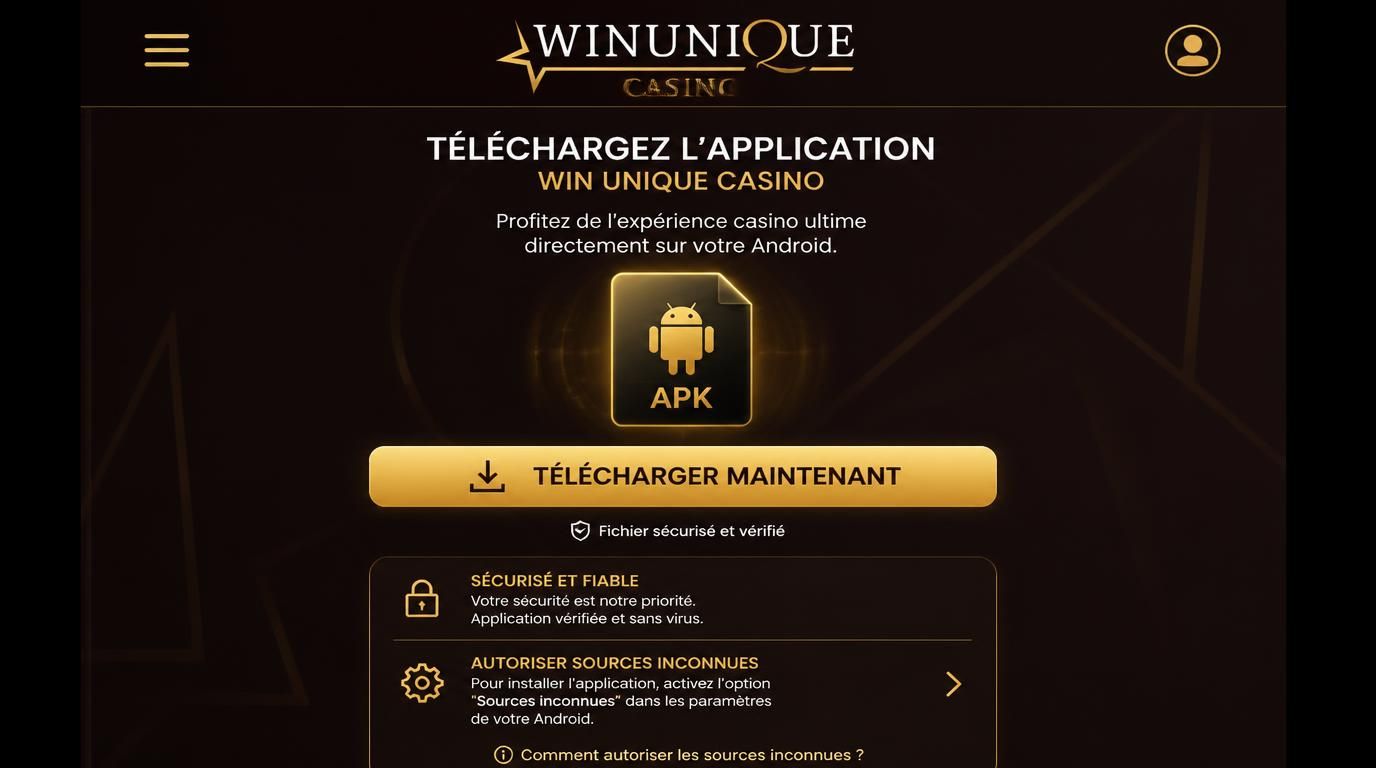 Interface de téléchargement de l’application Win Unique sur Android.