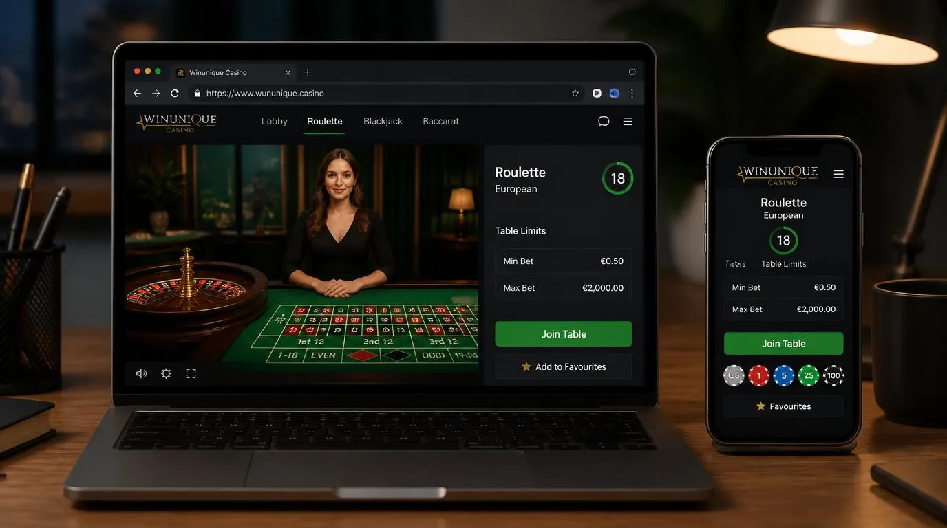 Table de casino en direct sur ordinateur et mobile, avec croupiĂšre et limites de mise visibles
