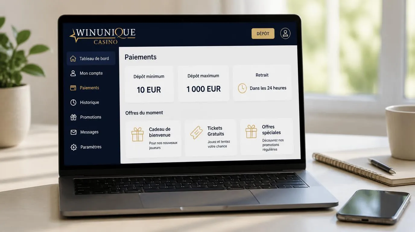 Interface de casino avec dépÎt de 10 à 1 000 EUR, retrait annoncé sous 24 heures et cartes de promotions