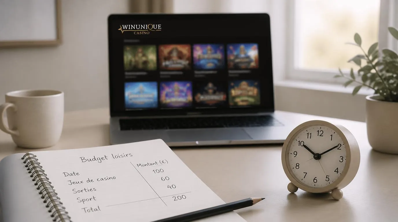 Carnet de budget de loisir et horloge Ă cĂŽtĂ© dâun ordinateur affichant un catalogue de jeux