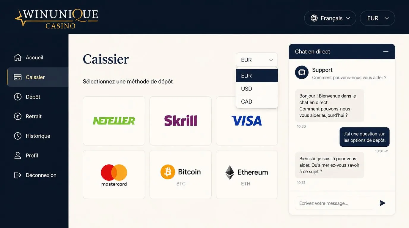 Interface de caisse en français avec choix de devise, moyens de paiement et fenĂȘtre de chat