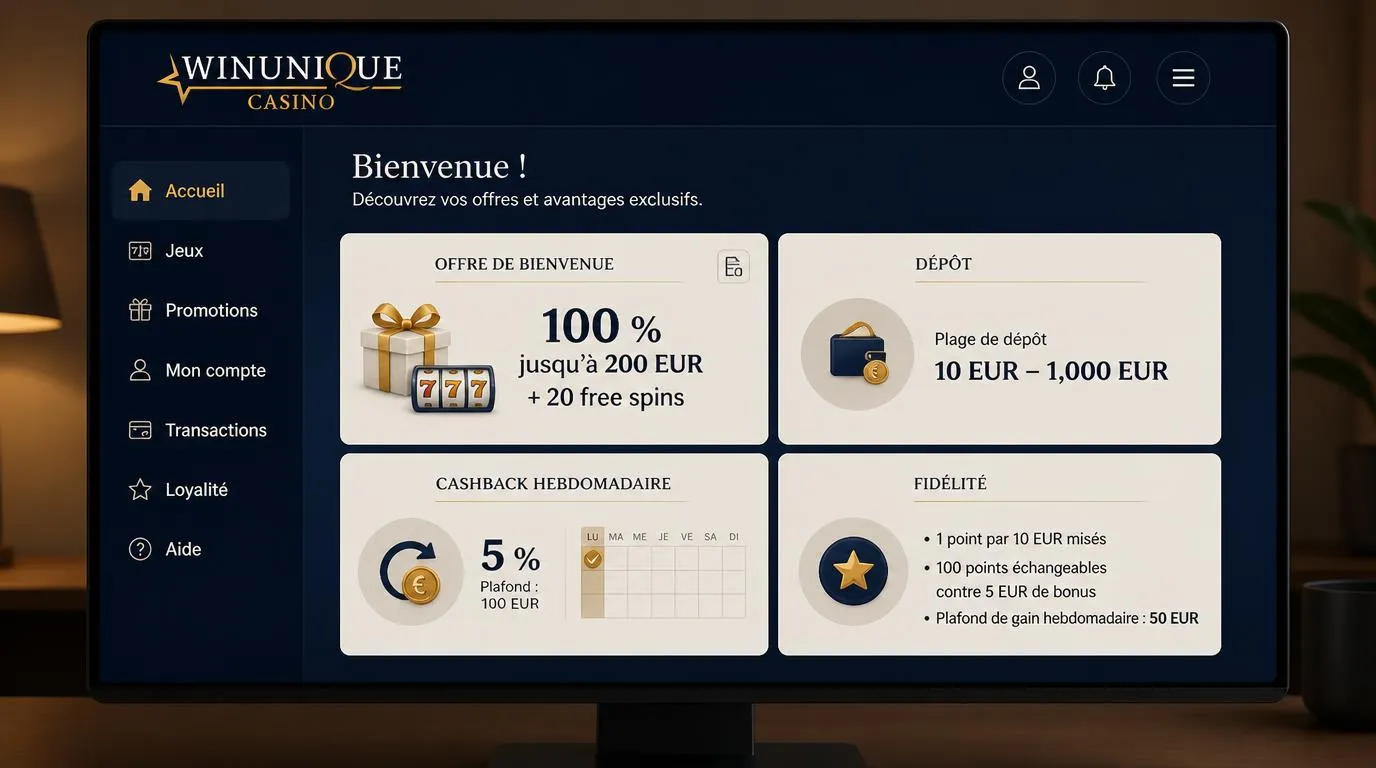Tableau de bord illustrant le bonus de bienvenue, les limites de dépÎt, le cashback et les points de fidélité