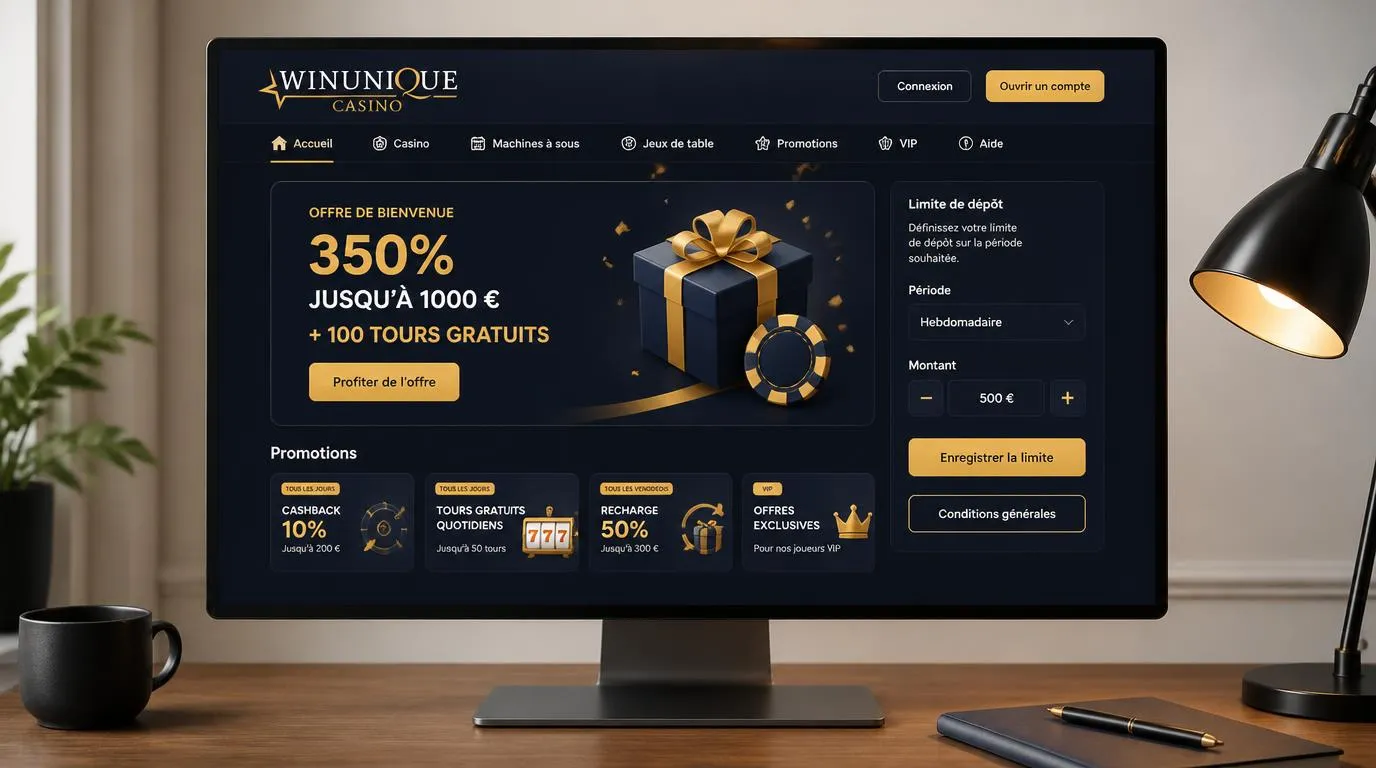 Interface de casino présentant une offre de bienvenue, des promotions et un réglage de limite de dépÎt